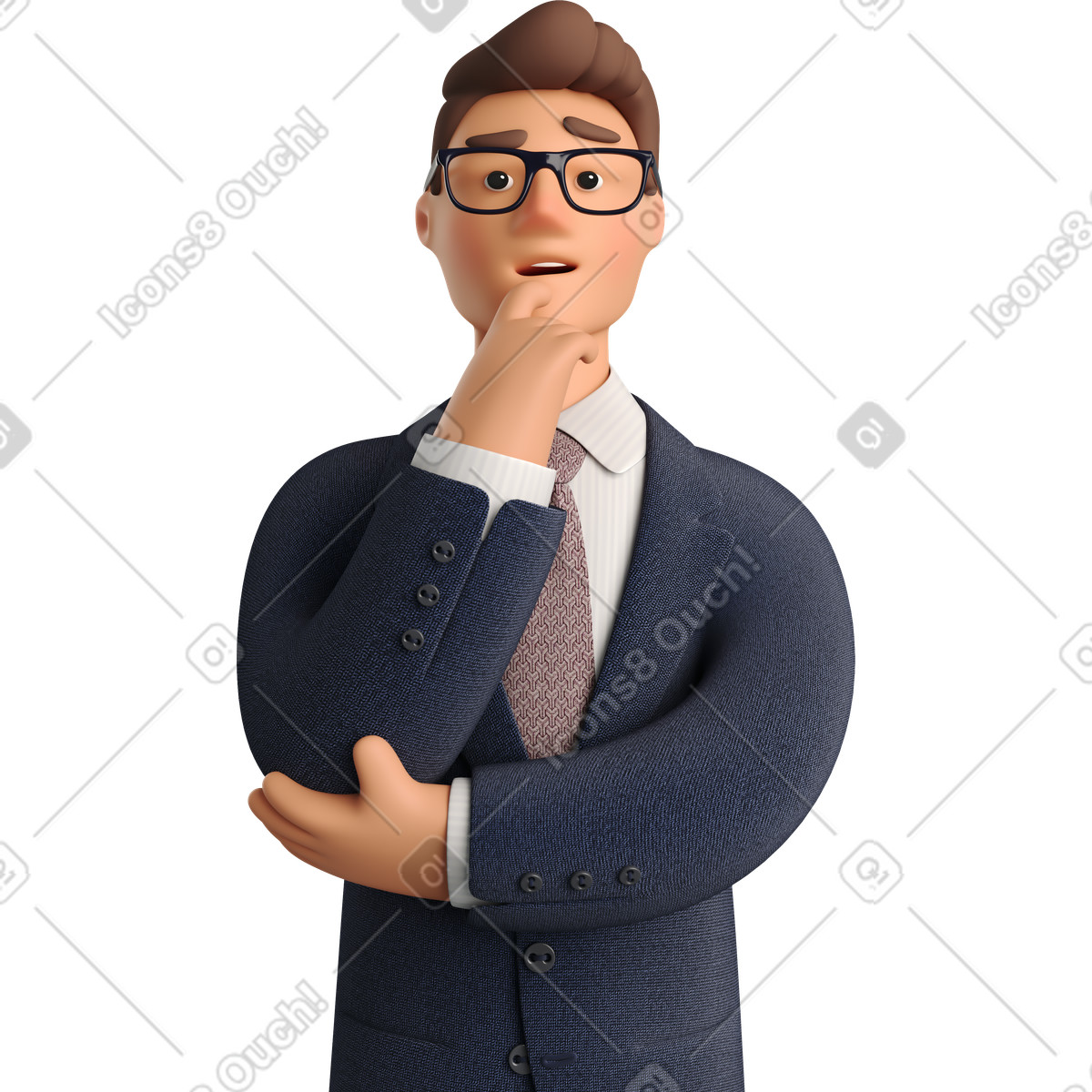 Pondering businessman in dark blue suit-Illustration im 3D Business-Stil als Download PNG, SVG