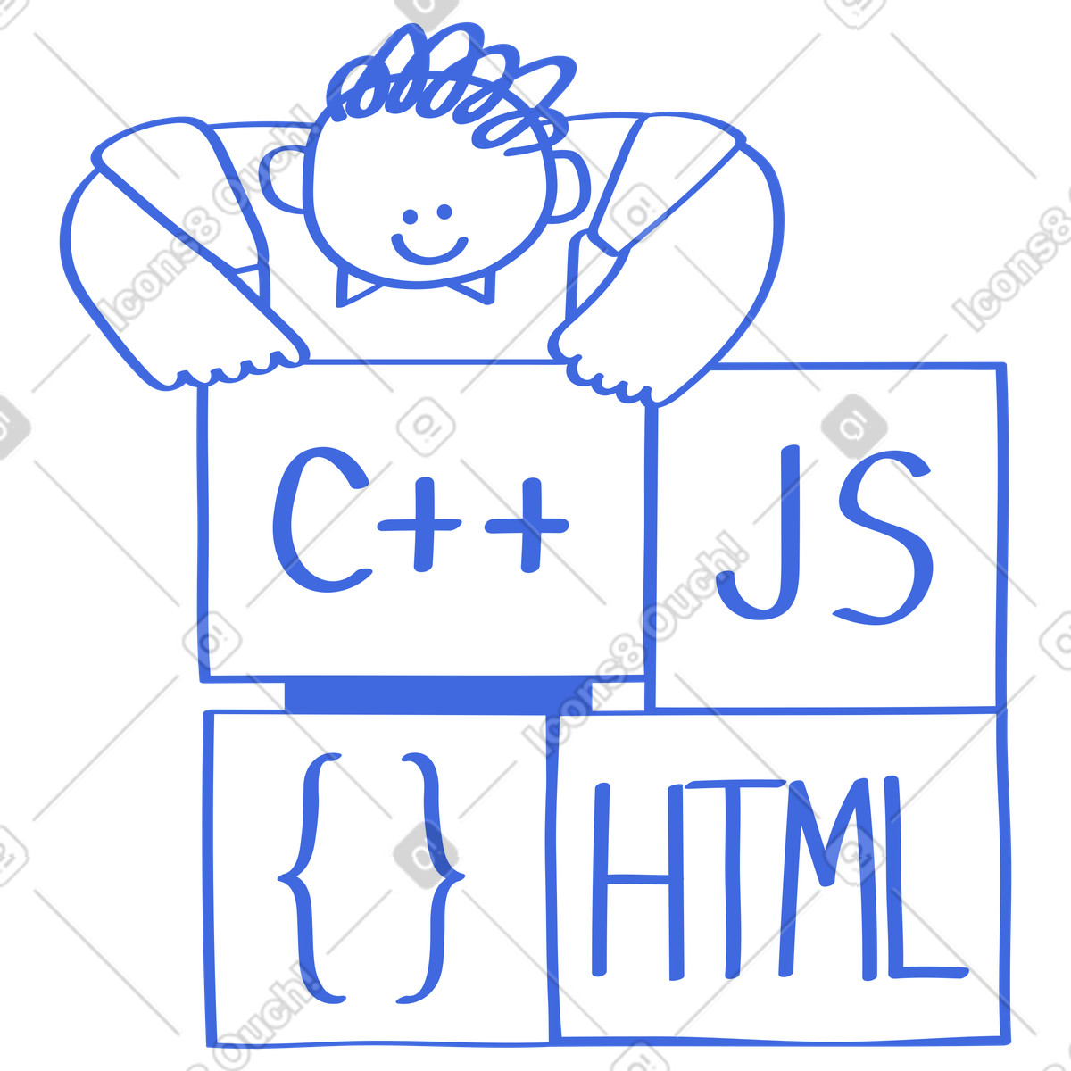 Ilustração de Developer surrounded by c++ js html language blocks smiling em no estilo Ballpoint Pen para baixar em PNG, SVG