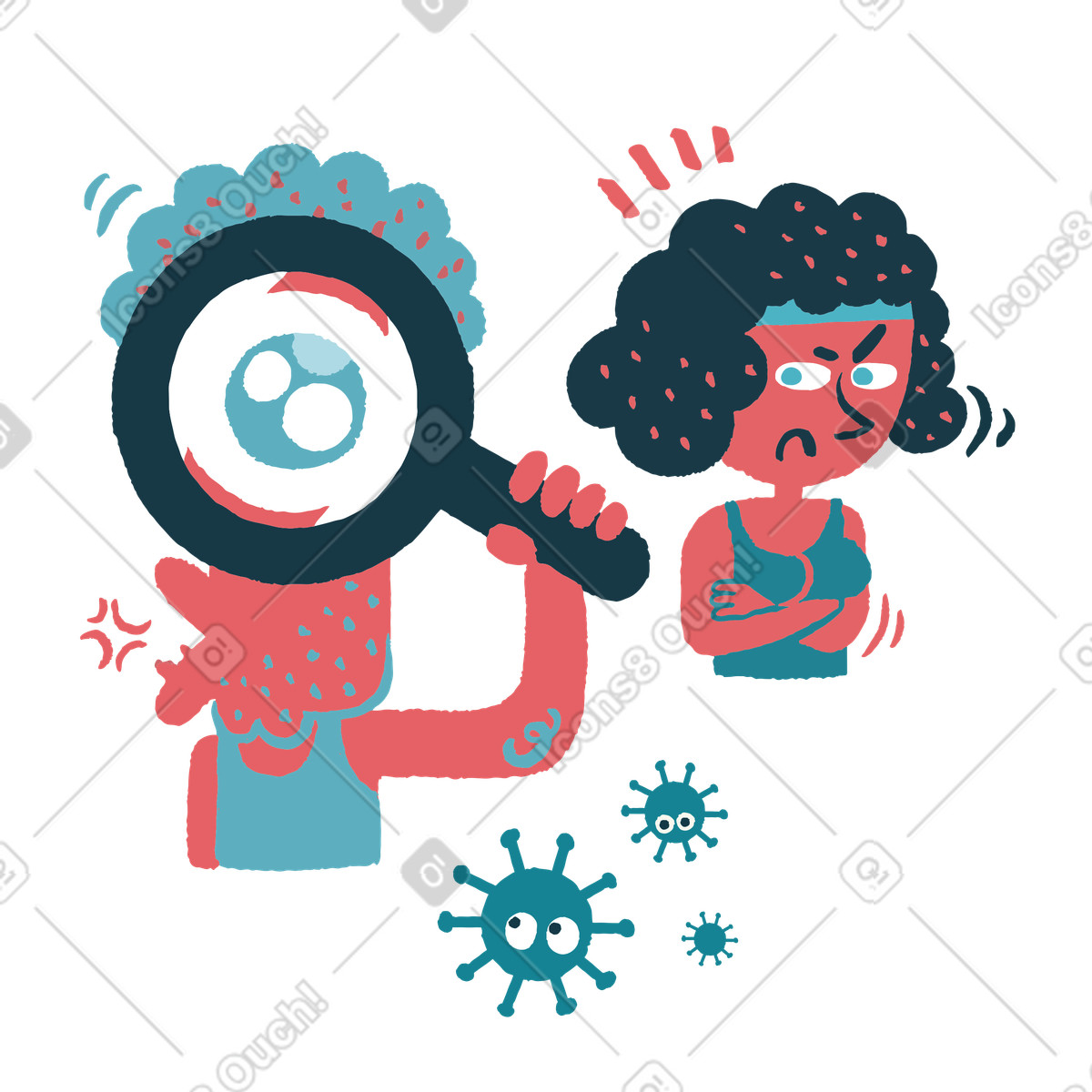 Man seeking out coronavirus through magnifying glass illustration in Flamenco style download in PNG, SVG