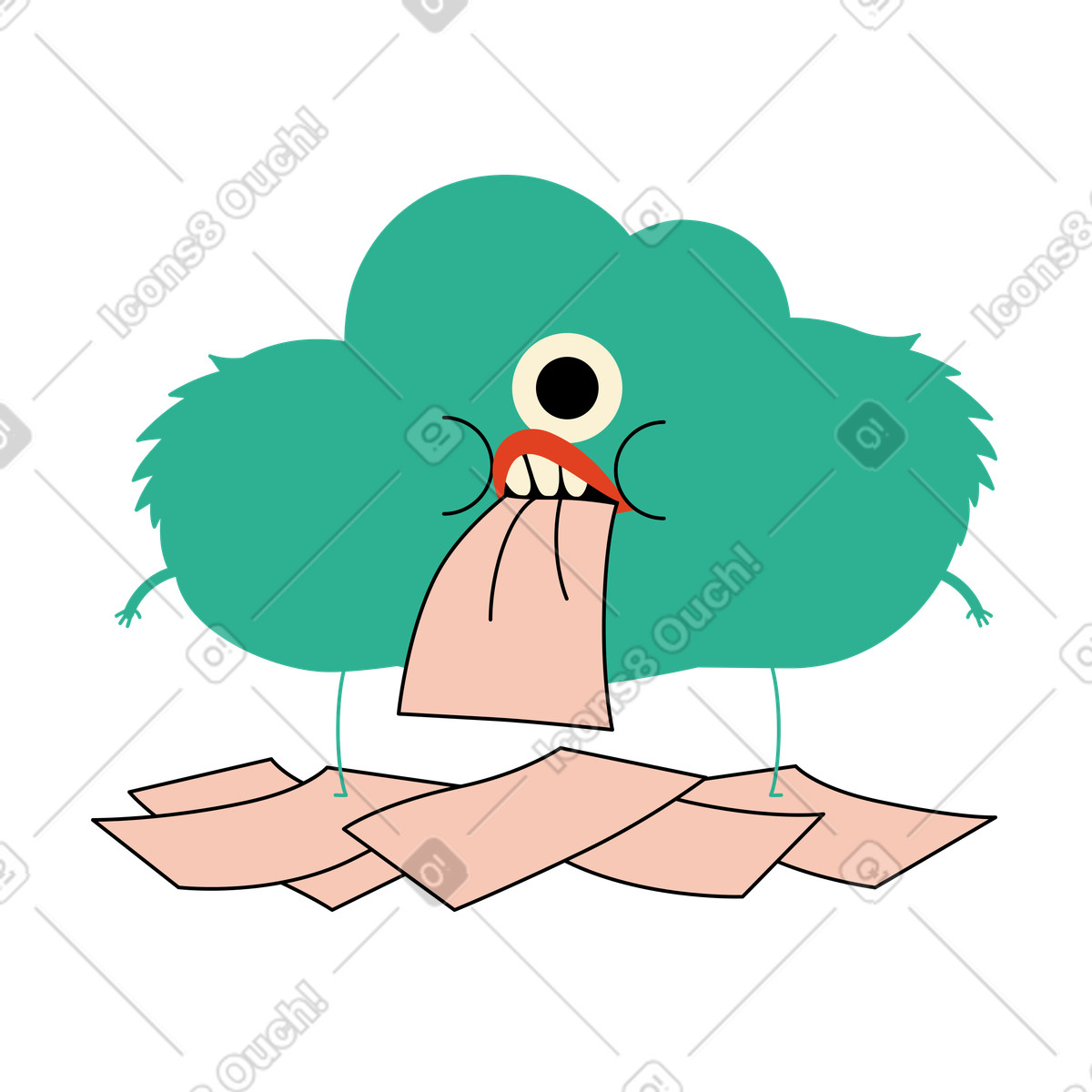 Illustration Le personnage du nuage dévore les dossiers papier dans style Jelly à télécharger aux formats PNG, SVG