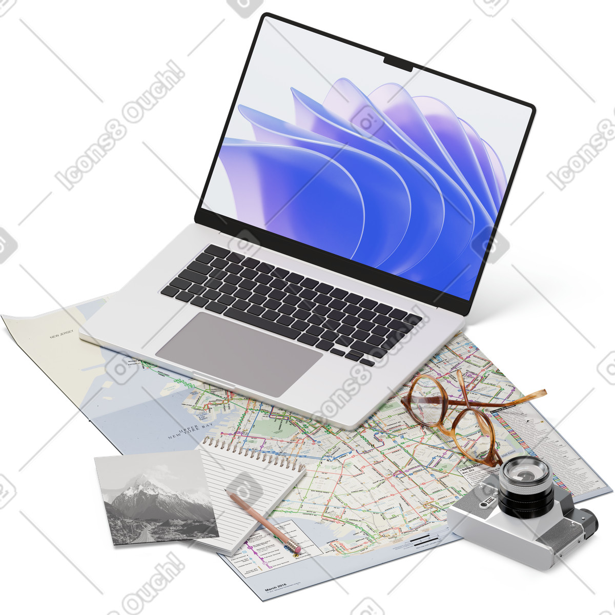 Vista isometrica di mappa, laptop, macchina fotografica, occhiali, cartolina illustrazione in stile 3D Hygge scarica in PNG, SVG