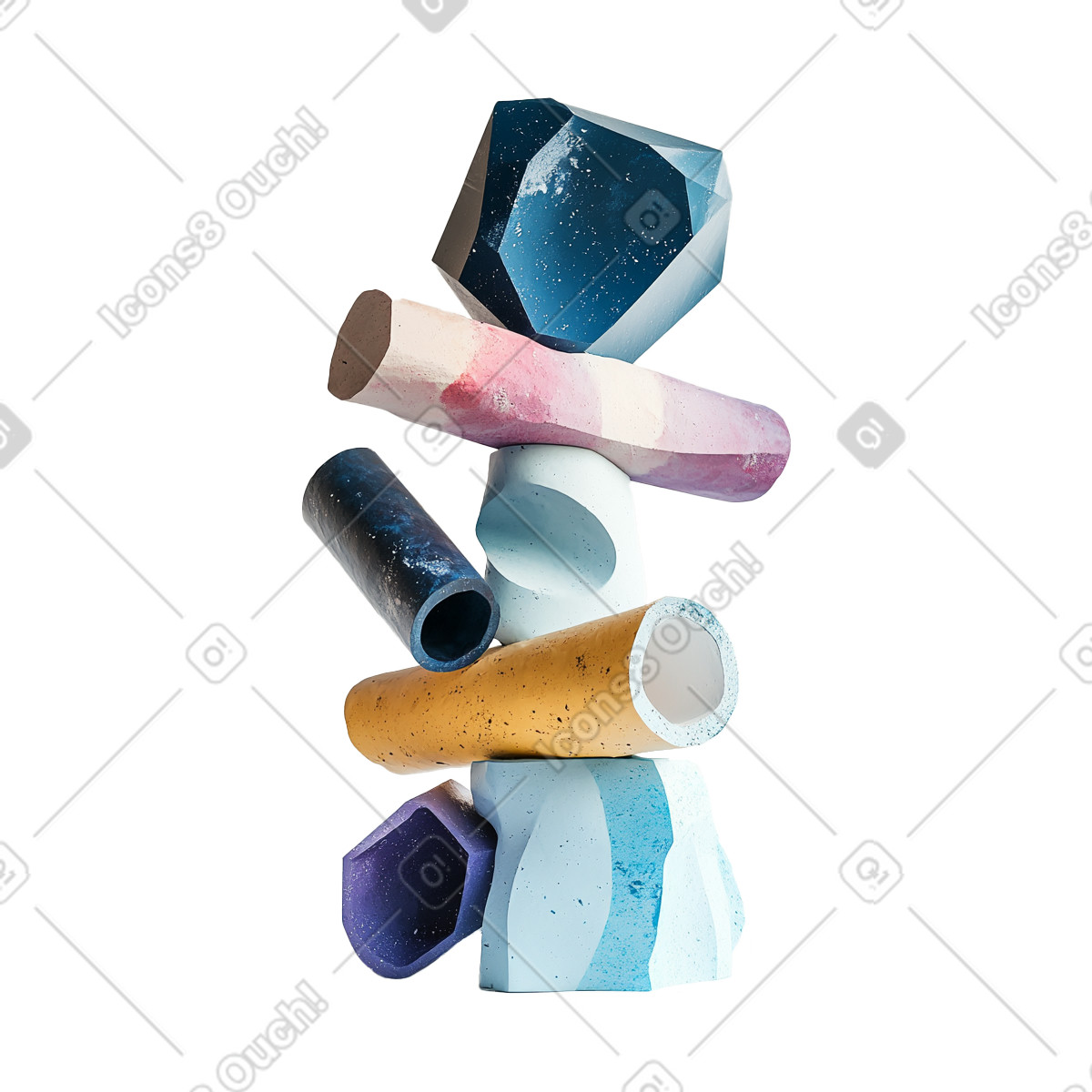Abstrakte 3d-skulptur bestehend aus pappmaché-formen und -röhren-Illustration im Experimental-Stil als Download in PNG, SVG
