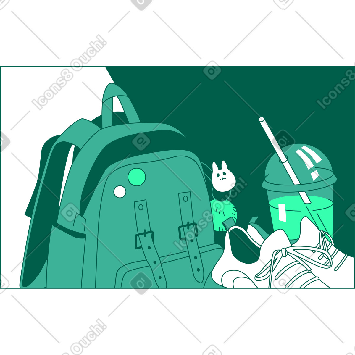 Rahmen mit rucksack und turnschuhen-Illustration im Storyline-Stil als Download in PNG, SVG