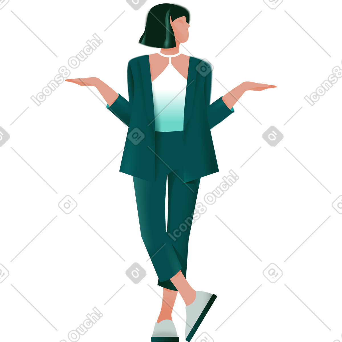 Ilustración Mujer en traje de pantalón se para con las piernas cruzadas estilo Office a descargar PNG y SVG