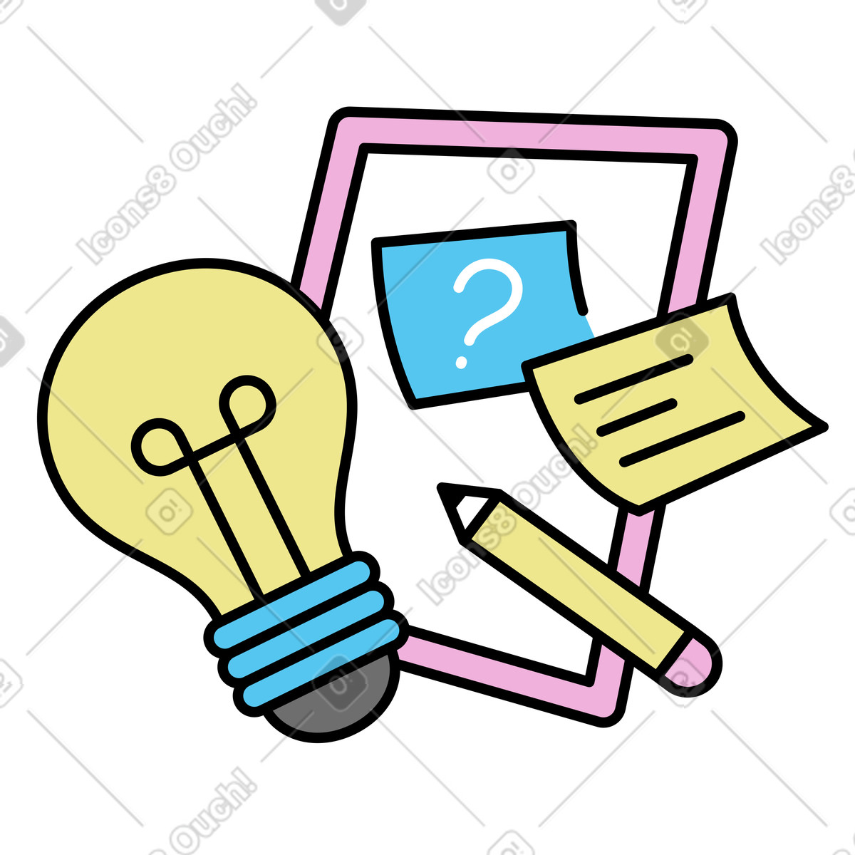 Ilustração de Sessão brainstorming com lápis, notas e tablet em no estilo Mochi para baixar em PNG, SVG