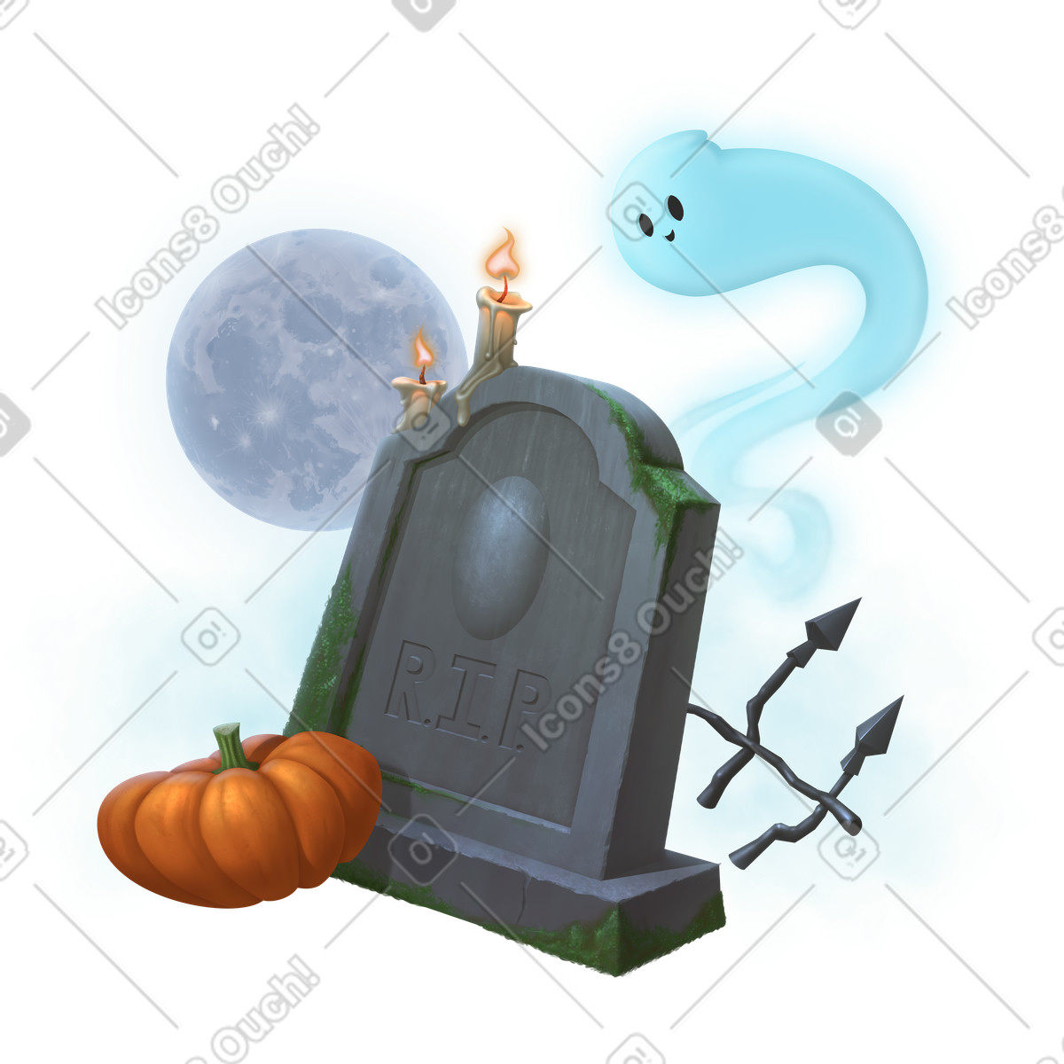 Graveyard and ghost at Halloween night illustration in Props style download in PNG, SVG