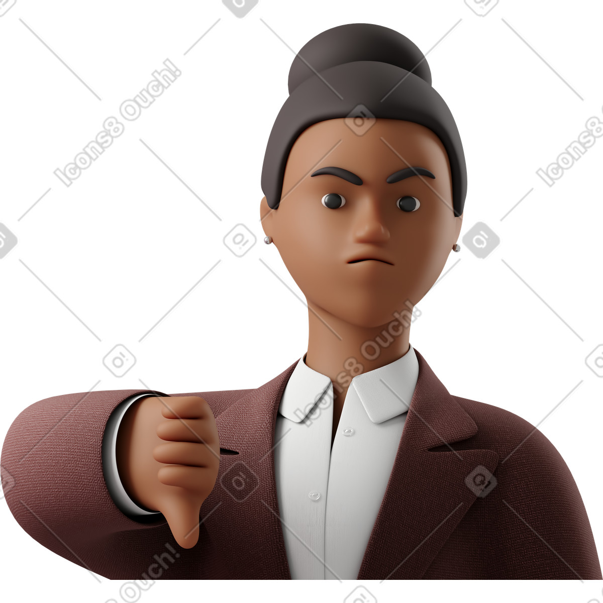 Illustration Close up of angry black businesswoman in brown suit showing thumbs down dans le style 3D Business à télécharger aux formats PNG, SVG