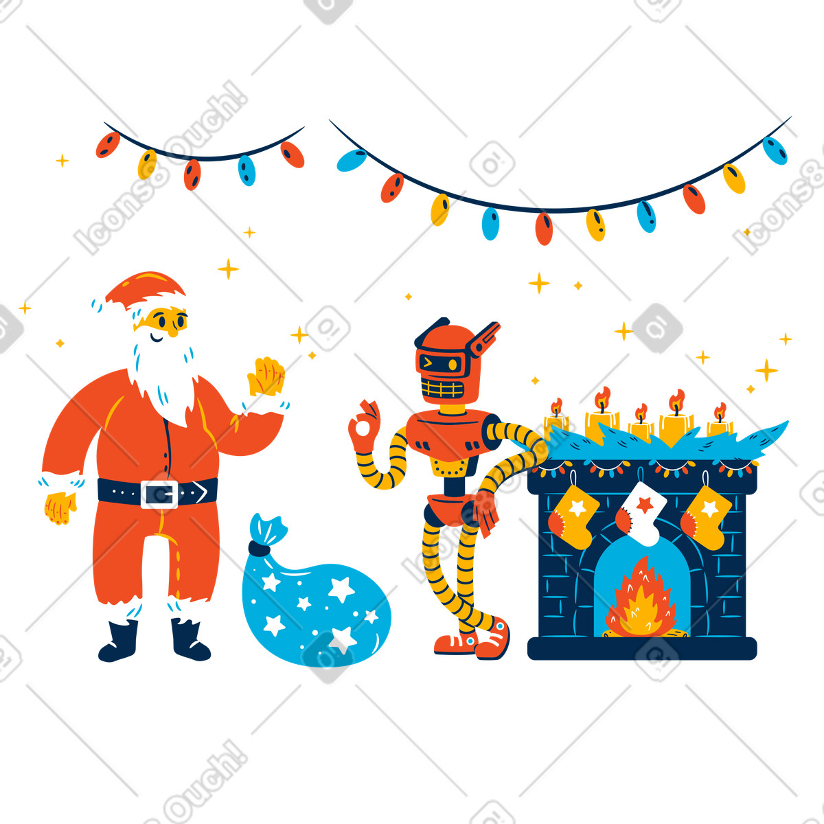 Santa greeting robot by festive fireplace, Futuristic Christmas celebration illustration in Flame style download in PNG, SVG
