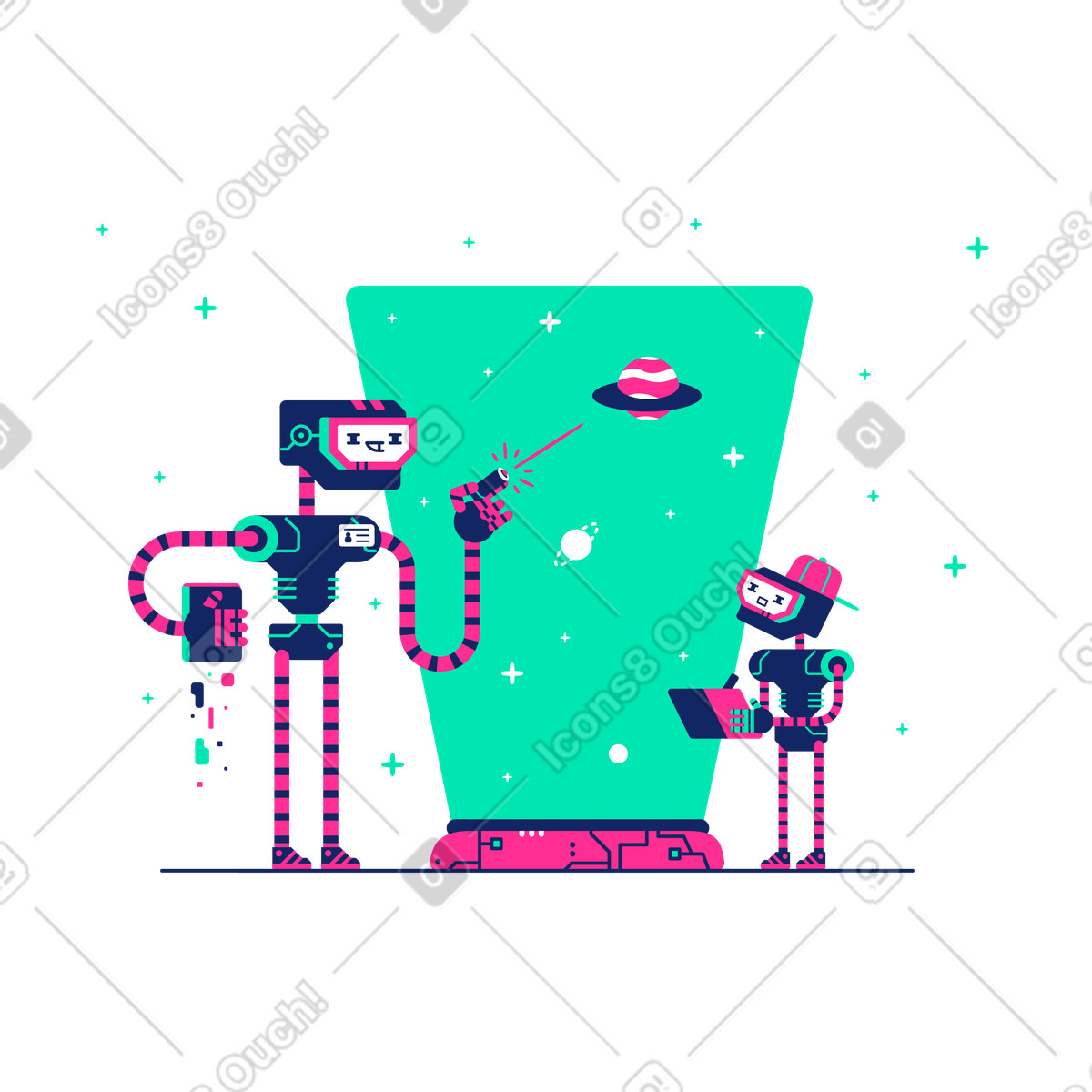 Illustration Un robot apprend à petit explorer l'espace dans le style Cyborg télécharger aux formats PNG, SVG