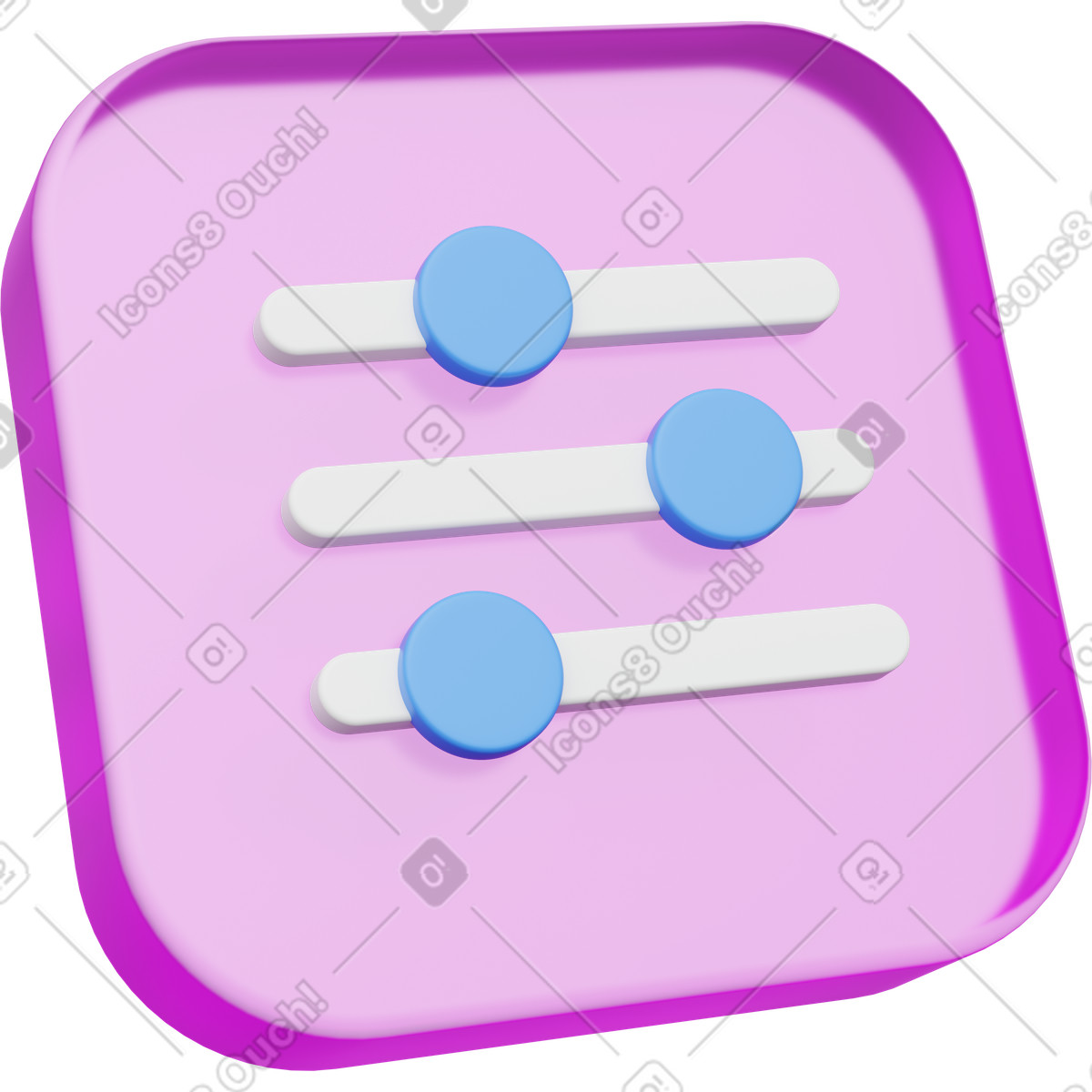 Ilustración Icono de configuración, aplicación cuadrada rosa con controles deslizantes, panel control en estilo 3D Playful a descargar en PNG y SVG