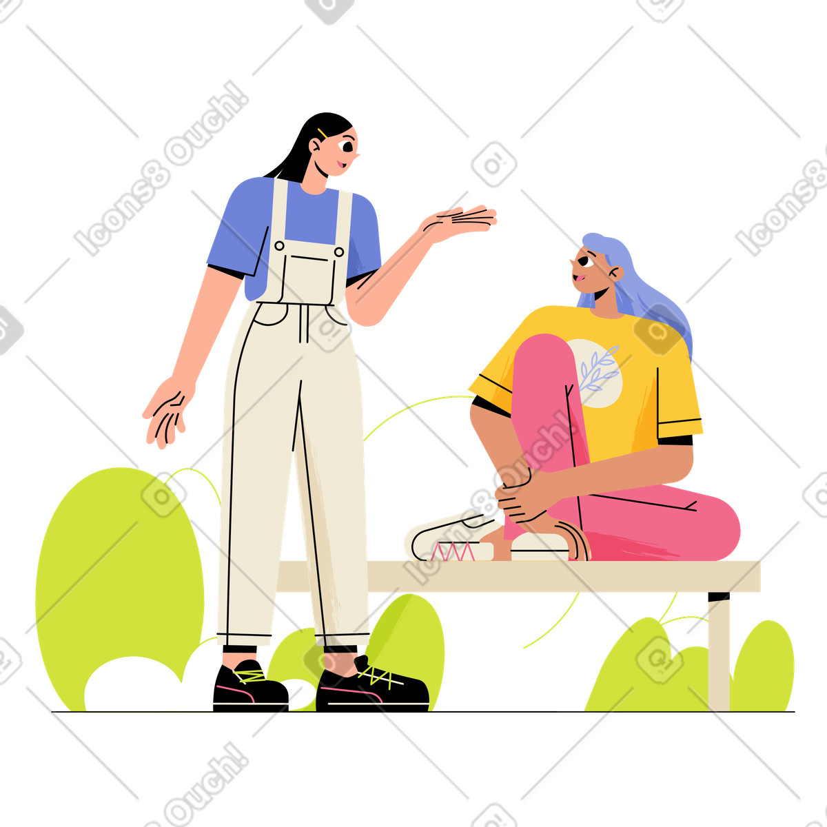 Friends talking in park, Informal outdoor meeting or communication illustration Juicy style download PNG, SVG
