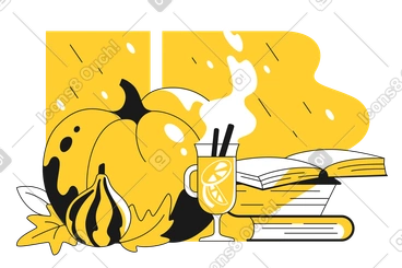 Pumpkins, books, a hot drink, and autumn rain PNG, SVG