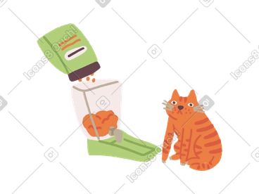 Orange cat sitting next to an automatic feeder PNG, SVG