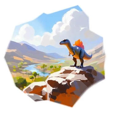 A solitary spinosaurus with a large, elongated body and distinctive sail-like structure along its back is standing watch atop a rugged rock outcropping. Its skin is a mix of dark green and brown tones, blending with the earthy surroundings. The spinosaurus gazes out over a sprawling valley below, where lush greenery contrasts with the rocky terrain. The valley is dotted with trees, and a winding river can be seen glistening in the sunlight. The sky above is clear, with a few fluffy clouds drifting by, creating a sense of openness and tranquility in the scene.