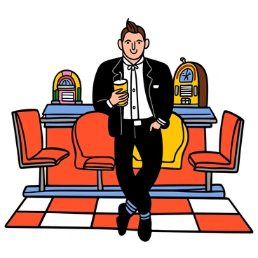 A light-skinned man with a slick hairstyle is wearing a vibrant rockabilly outfit consisting of a fitted black leather jacket, a white shirt, and dark jeans. He is standing in a retro diner, with red and white checkered floors and chrome details. The diner booths are plush and colorful, and there are neon lights illuminating the scene. The man is leaning against a counter, smiling confidently while holding a milkshake in one hand. A jukebox is visible in the background, adding to the nostalgic atmosphere.