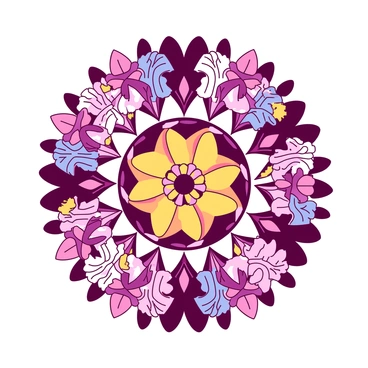 A symmetrical mandala design is formed by an intricate arrangement of various types of flowers. The mandala features a central circular pattern surrounded by layers of colorful petals, leaves, and floral shapes radiating outward. Each layer showcases a different flower, creating a harmonious blend of textures and forms. The design repeats symmetrically, with flowers in varying sizes that contribute to the overall balance of the mandala. The vibrant colors of the flowers enhance the visual impact of the artwork, drawing the viewer's attention to the intricate details and the unity of nature within the composition.