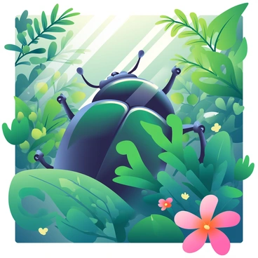 A Goliath beetle with shiny green and black exoskeleton is partially concealed among dense jungle foliage. Its large, rounded body is glistening under dappled sunlight filtering through the leaves. The beetle's antennae are extended, suggesting curiosity as it peers out from behind vibrant green leaves. Surrounding the Goliath are various tropical plants, including broad-leaved ferns and flowering vines, creating a rich tapestry of textures and colors in the scene. A few delicate flowers in shades of pink and orange add contrast to the predominantly green background.