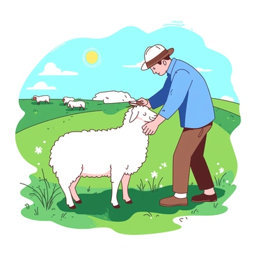 A shepherd wearing a blue shirt and brown trousers is shearing a white sheep in a green pasture dotted with wildflowers. The sheep is calmly standing on a patch of grass while the shepherd carefully holds it, using scissors to trim the wool. In the background, a bright sun shines down, casting soft shadows on the ground. A few more sheep graze peacefully in the distance under a clear blue sky.