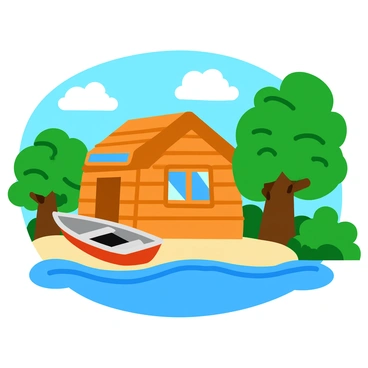 A cozy boathouse made of warm, weathered wood sits at the edge of a calm lake. The boathouse has a slanted roof and large windows that reflect the sunlight. Nearby, a small rowboat is moored with its oars resting inside. The water is clear, and gentle ripples can be seen where the boat touches the shore. Lush green trees surround the area, their leaves shimmering in the light. Soft clouds drift lazily in the blue sky above.