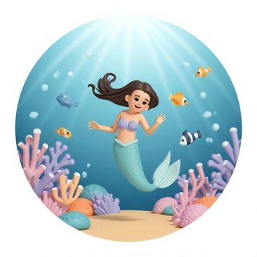 A young mermaid with long flowing hair, wearing a shimmering aqua tail, is swimming joyfully in a vibrant coral reef. She is surrounded by a variety of colorful fish, including a bright yellow clownfish and a sleek blue tang, all swimming playfully around her. The coral reef is filled with intricate details, showcasing pink, orange, and purple corals in various shapes and sizes. Sunlight filters through the water, creating dancing patterns of light on the ocean floor as the mermaid giggles, reaching out to touch the fish.