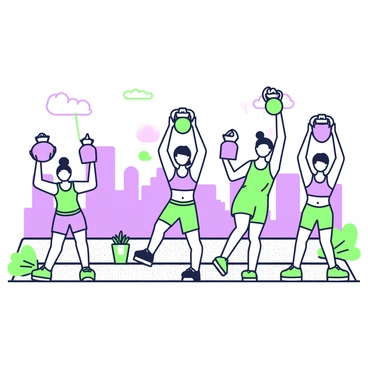 A group of friends is performing kettlebell swings on a rooftop. The friends are positioned in a row, each holding a kettlebell in both hands above their heads, with their bodies slightly bent forward. They are wearing athletic clothing, including tank tops and shorts. Behind them, a panoramic view of the city skyline is visible, showcasing tall buildings and a clear sky. The rooftop has a textured surface, and some potted plants are scattered around, adding a vibrant touch to the scene. Each friend is focused on their swing, demonstrating a sense of teamwork and encouragement.