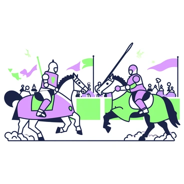 Two knights on horseback are charging at each other in a grand medieval jousting tournament. The first knight is clad in shining armor, with a blue and green shield emblazoned with a lion crest. His lance is raised high and aimed directly at his opponent. The second knight, wearing dark armor with purple accents, has a matching shield decorated with a dragon. His lance is also pointed forward, poised for impact. The background features a cheering crowd and colorful banners flapping in the breeze, framing the intense moment of the duel. Dust kicks up from the ground as the horses gallop, showcasing the energy of the competition.