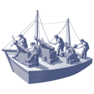 A group of pirates on the deck of a wooden ship. They are loading large, black cannons, with several pirates lifting heavy cannonballs and positioning them carefully. The pirates wear traditional attire, including bandanas and eye patches, with various accessories like belts and swords. The ship's sails are unfurled, and ropes hang down from the rigging. The scene conveys a sense of urgency as they prepare for their journey. "Preparing for an adventure" is depicted through their focused expressions and coordinated movements.