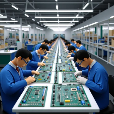 A busy assembly line filled with workers focused on soldering circuit boards for electronics. Each worker is wearing a blue uniform with gloves and safety goggles. The assembly line is equipped with various tools and machinery, including soldering irons and large workstations. The circuit boards are arranged neatly in front of each worker, with visible electronic components like resistors and capacitors. Overhead, bright fluorescent lights illuminate the space, creating a well-lit environment for the assembly work. The background features shelves stocked with components and finished products, enhancing the industrial setting.