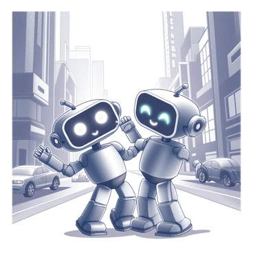 Two friendly robots, with sleek metallic bodies and expressive LED faces, are playfully bumping into each other. They are situated on a bustling street within a futuristic city. Surrounding them are tall, modern buildings adorned with intricate architectural details. The scene is illuminated by various "neon lights" that cast reflections on the robots' surfaces. The robots have small, articulated arms that are raised in a gesture of surprise and amusement. The ground is paved with smooth tiles, and there are futuristic vehicles in the background, enhancing the urban setting.