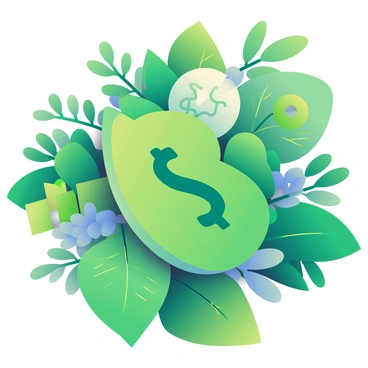 A close-up view of vibrant green leaves intertwined with various financial symbols. The leaves are lush and detailed, displaying a range of textures and shades of green. Among the leaves, there are distinct symbols such as a dollar sign, a pie chart, and a bar graph, all rendered in a matching green color to emphasize eco-friendliness. The symbols are partially obscured by the leaves, creating a natural integration of nature and finance. The composition captures the idea of sustainability and eco-friendly investments, showcasing a harmonious relationship between the two elements.