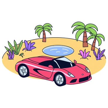 A luxury sports car with a sleek design and a shiny red exterior is parked next to a desert oasis. The car's polished chrome wheels reflect the sunlight. Surrounding the oasis are clusters of lush green palm trees and vibrant plants, creating a stark contrast against the sandy desert. In the center of the oasis, there is a small pond with clear blue water, and gentle ripples can be seen on the surface. The scene is bathed in warm daylight, highlighting the vibrant colors of the environment.