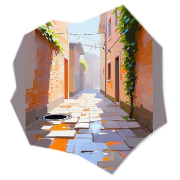 A narrow alley with a small drain collecting rainwater