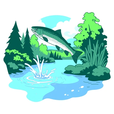 A teal trout is leaping out of a clear stream with splashes of water arcing around it. The stream is surrounded by vibrant green foliage, including various plants and trees that create a rich border around the water. Sunlight filters through the leaves, casting dappled light patterns onto the surface of the stream. The trout is mid-air, showing its detailed scales and fins, while small droplets of water shimmer in the light. The overall scene captures a moment of lively action in a natural setting.
