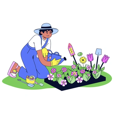 A gardener is kneeling on the grass, tending to vibrant flower beds. The gardener is wearing a wide-brimmed hat and gloves. Next to the gardener, there is a creatively painted watering can made from an old jug, featuring bright colors and whimsical patterns. Surrounding the gardener are various upcycled gardening tools, including a spade and a trowel, each uniquely decorated. The scene is filled with blooming flowers in different colors, adding to the lively atmosphere.