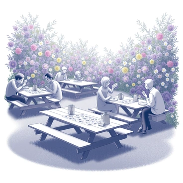 A garden filled with an array of vibrant flowers, creating a lush and inviting atmosphere. Several picnic tables are set up, where guests are seated and engaged in a game of loto. Each table is adorned with small decorative items, enhancing the playful vibe of the gathering. The guests, a mix of genders and ages, are smiling and looking at their loto cards, with some leaning forward in anticipation of the next number being called. Sunlight filters through the foliage, casting delicate shadows and adding warmth to the scene.