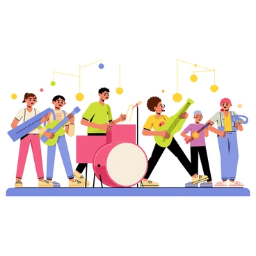 A group of young musicians is performing on a small stage, showcasing a lively band performance. The drummer plays a shiny red drum set with energetic motion. A girl with curly brown hair strums a green electric guitar, while a boy with glasses blows into a saxophone. To the left, a young girl with a ponytail is playing a bright blue keyboard, and another young musician with short hair is keeping rhythm on a tambourine. Colorful lights illuminate the scene, highlighting the musicians' joyful expressions as they engage with each other and the audience.