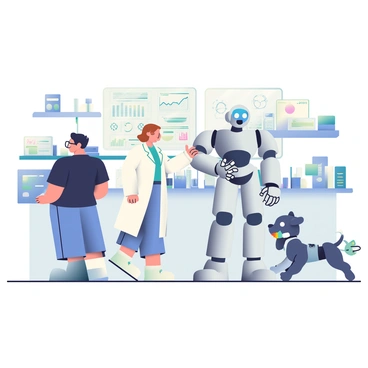 A futuristic laboratory is filled with a mix of humans and robots collaborating on various projects. In the center, a woman with short brown hair wearing a white lab coat is interacting with a humanoid robot that has a sleek silver exterior and glowing blue eyes. On the left, a man with glasses, dressed in a black shirt and pants, is analyzing data on a transparent touchscreen interface. To the right, a smaller robot, resembling a mechanical dog, is carrying tools in its mouth, ready to assist its human partner. The laboratory is illuminated with soft white lights and features advanced technology, such as a digital wall displaying complex diagrams and graphs. There are also several workstations equipped with various scientific instruments and materials scattered throughout the space.