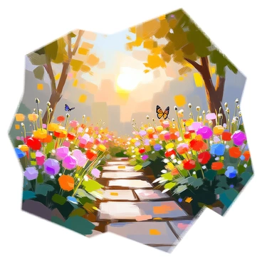 A lush garden filled with a vibrant array of flowers in full bloom, showcasing bright reds, yellows, blues, and purples. The sun is rising in the background, casting a warm golden light across the scene. Dewdrops glisten on the petals and leaves, adding to the freshness of the morning. Various trees surround the garden, their green leaves fluttering gently in the morning breeze. A cobblestone path winds through the garden, inviting viewers to explore the beauty of nature. Small butterflies flutter among the flowers, enhancing the lively atmosphere.