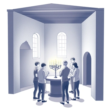 An ancient synagogue with stone walls and arched windows. The interior features a high ceiling supported by wooden beams. Several people are gathered inside, participating in the ritual of lighting menorah candles. The menorah, a seven-branched candelabrum, is placed on a central table surrounded by the participants. Each individual is focused on the act of kindling the candles, creating a warm and inviting atmosphere within the sacred space. Shadows from the flickering candlelight dance on the walls, adding depth to the scene.