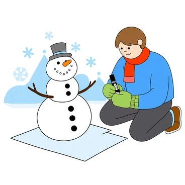 A young player with light skin and short brown hair, wearing a blue sweater and green mittens, is kneeling on the floor and focused on their drawing. They are using a black marker on a white sheet of paper, depicting a snowman with three large snowballs stacked on top of each other. The snowman has a bright orange carrot for a nose, two black buttons for eyes, and a wide smile made of small pebbles. A red scarf is wrapped around its neck, and it wears a small top hat. In the background, there is a festive winter-themed setting with snowflakes and a few playful snowflakes swirling around.