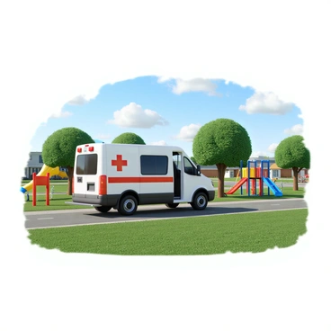 A white medical transport van with a red cross symbol on the side is parked next to a school playground. The van has a sliding side door open, revealing a stretcher inside. Nearby, colorful playground equipment including slides and swings is visible, surrounded by green grass. A few trees are providing shade in the background, and a bright blue sky with a few fluffy clouds adds to the scene. The van's emergency lights are flashing, indicating it is ready for a student pickup.