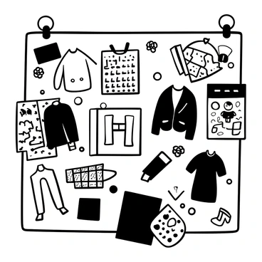 A pinboard filled with various fabric samples of different textures and patterns, such as stripes, polka dots, and florals, all pinned neatly. There are multiple sketches of clothing designs arranged around the fabric samples. Several magazine clippings featuring fashion trends and accessories are pinned alongside the sketches. The entire board is filled with pushpins, creating a collage of inspiration for design ideas.