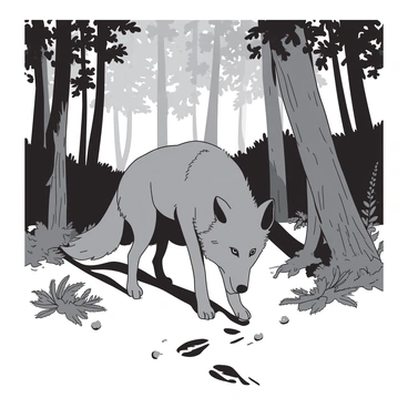 A grey wolf with a sleek coat is carefully sniffing the ground while following a series of tracks through a dense forest. The wolf's ears are perked up, and its nose is close to the earth, intently focusing on the scent. Tall trees with thick trunks surround the wolf, their leaves creating a canopy above. Sunlight filters through the branches, casting scattered shadows on the forest floor covered with leaves and underbrush. Small ferns and wildflowers are present, adding texture to the scene. The atmosphere is alive with the sounds of nature, hinting at other hidden creatures nearby.