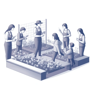 A community garden filled with a variety of plants, including vegetables, herbs, and flowers. In the center, a gardener stands, wearing gloves and a sun hat, actively engaging with a group of people. The group includes individuals of various ages, from children to seniors, each expressing curiosity. Some individuals are leaning in to ask questions, while others are holding gardening tools or small plants. The atmosphere is lively as the gardener shares knowledge about planting and care techniques. The setting is surrounded by protective fencing and features benches for visitors.