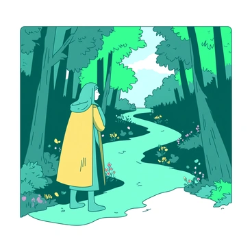 A teal figure stands at a fork in a forest path, looking intently at the two diverging trails. The left path is lined with tall trees with vibrant green leaves, while the right path is shrouded in slightly darker foliage. Sunlight filters through the branches, casting dappled shadows on the ground. The figure is wearing a plain yellow cloak that billows slightly in the gentle breeze. They appear contemplative, with one hand resting on their chin as they weigh their options. A few colorful wildflowers peek through the underbrush along both paths, adding to the scene's vibrancy.