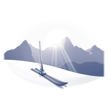 A mountain landscape during sunrise. The sun is just breaking over the peaks, casting soft light across the snow-covered terrain. The ground is blanketed with untouched white snow, creating a smooth, pristine surface. At the top of the mountain, a pair of skis is positioned upright in the snow, ready for use. The skis are angled slightly, indicating their preparation for descent. In the background, the silhouette of other mountain peaks is visible, enhancing the scene's natural beauty.