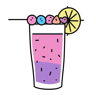 A vibrant cocktail in a clear glass, filled with a mix of red and purple berry liquid. The drink is garnished with a bright yellow lemon slice perched on the rim. A skewer of assorted mixed berries, including strawberries, blueberries, and raspberries, is also placed on the rim of the glass. The background features a softly blurred surface, suggesting a bar or table setting.