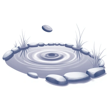 A calm pond with a smooth, reflective surface. In the center, a small stone is captured mid-flight, just as it breaks the surface of the water. The moment of impact creates a series of concentric ripples that expand outward, disturbing the water's tranquility. Each ripple gradually increases in size, reaching the edges of the pond. The surrounding area is tranquil, with a few blades of grass and smooth stones lining the pond's edge. The scene conveys a sense of movement and change, illustrating the effect of the stone on the otherwise still environment.