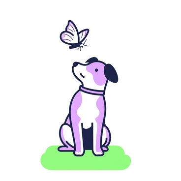 A minimalist drawing of a dog watching a butterfly above its nose