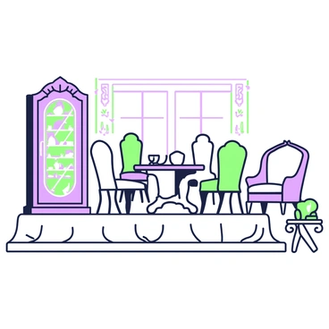 An elegant antique furniture set is arranged on a stage during an indoor auction. In the center, there is a beautifully carved wooden dining table with intricate details. Surrounding the table are four high-backed chairs, each upholstered in luxurious fabric with ornate patterns. To the left, a tall, elegant cabinet displays fine china and crystalware, its glass doors reflecting the surrounding light. On the right, a lavishly upholstered armchair sits beside a small round side table, which holds a delicate porcelain figurine. The stage is adorned with soft lighting, highlighting the exquisite craftsmanship of the furniture pieces. A small crowd of bidders stands in front of the stage, examining the items with interest.